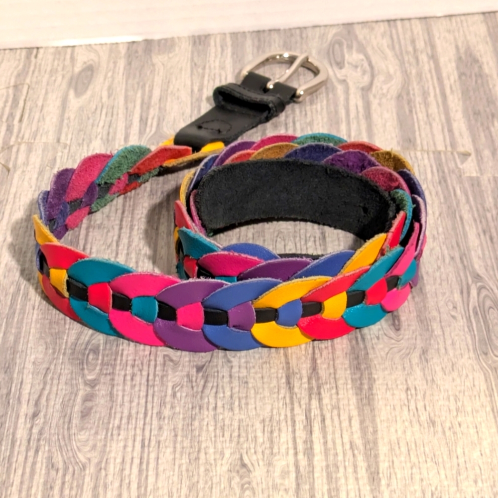 Women's 80's colorful leather braided belt, unbranded |‎ Size S